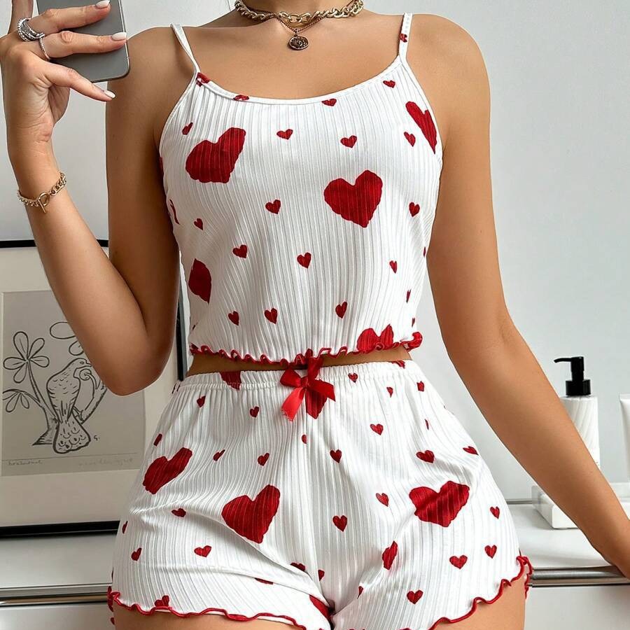 Heart Print Suspender Pajama Set